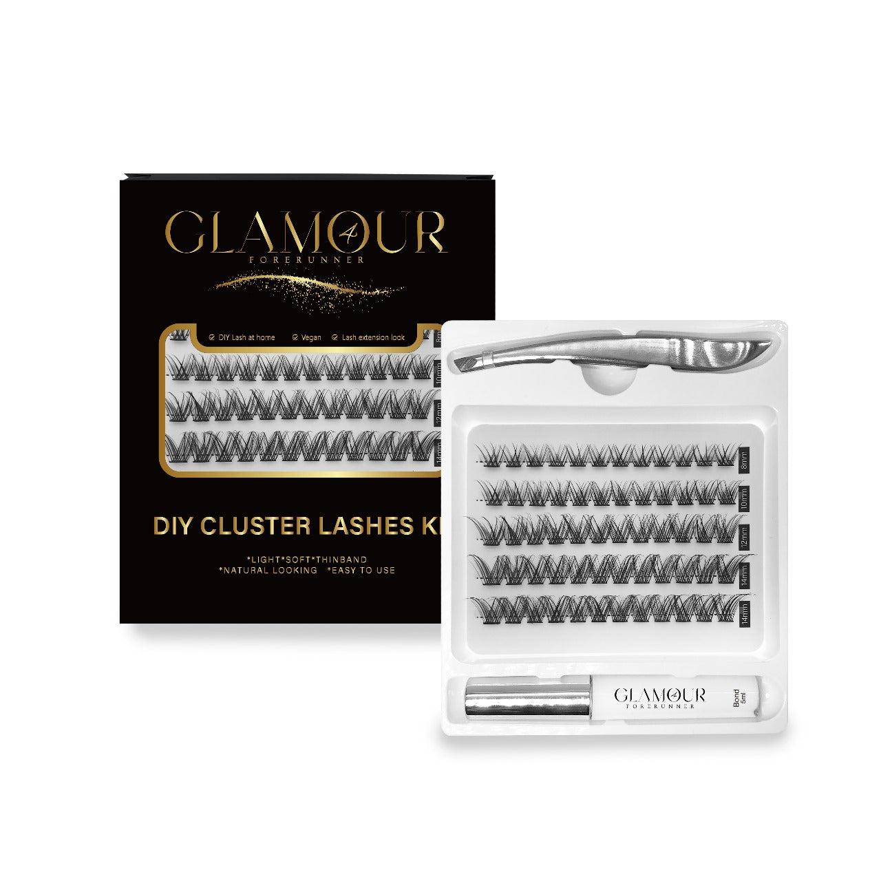 RoyalGlam Lash | Radiant DIY 45pcs Lash Cluster C Curl 8-14mm 5Rows Thickness 0.07mm 30D-40D with Bond & Tweezer by Glamour by Forerunner